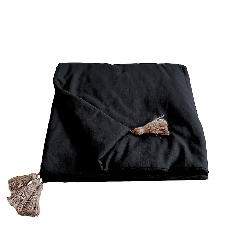 Edredon Panama avec pompons en jute (90x190 cm - Noir)