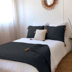 Edredon Panama avec pompons en jute (90x190 cm - Gris Foncé)