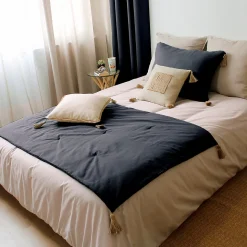 Edredon Panama avec pompons en jute (90x190 cm - Gris Foncé)