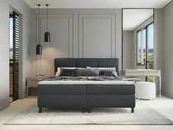 Ensemble complet boxspring tête de lit capitonnée + sommiers + matelas + surmatelas - 2 x 90 x 200 cm - Tissu - Anthracite - LODI