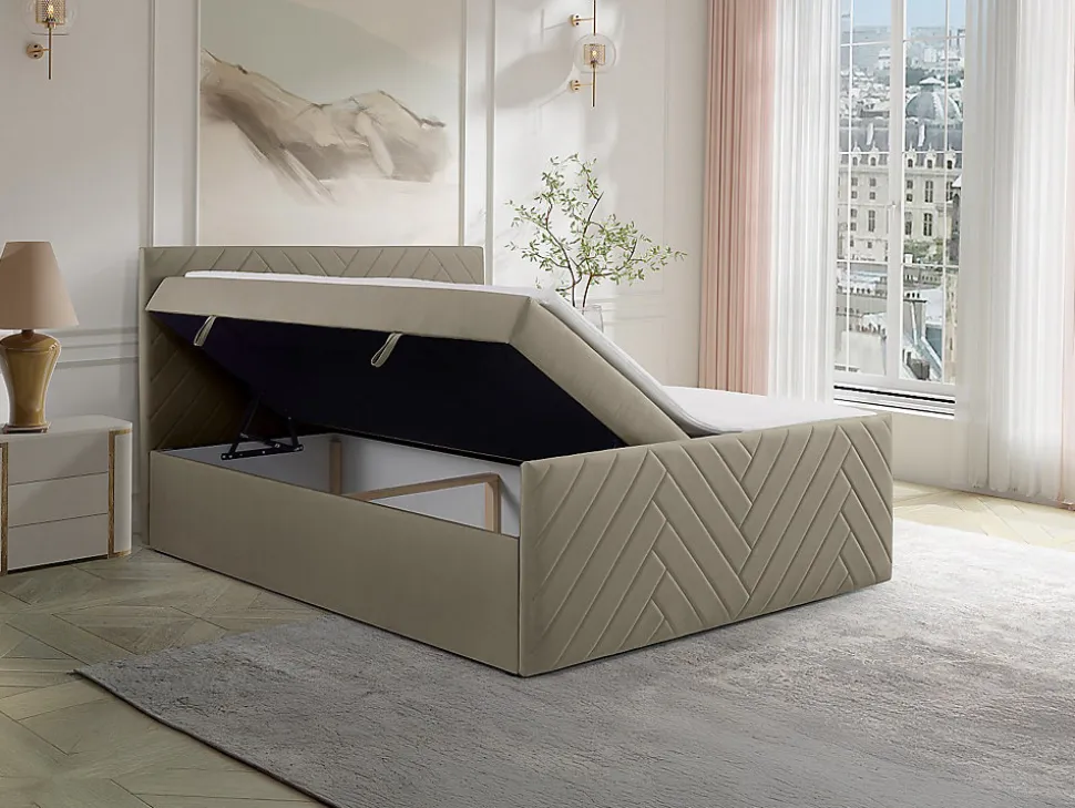 Ensemble complet literie déco tête de lit + sommiers coffre + matelas + surmatelas - 180 x 200 cm - Velours - Taupe - MAKANA de