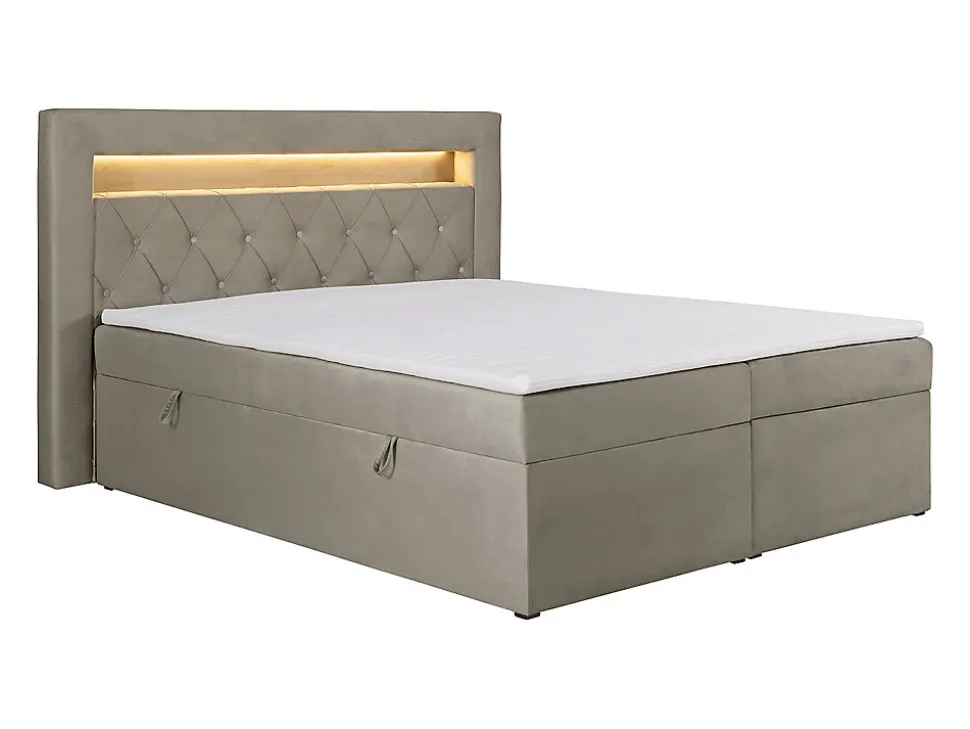 Ensemble complet literie déco tête de lit avec led + sommiers coffre + matelas + surmatelas - 180 x 200 cm - Velours - Taupe -