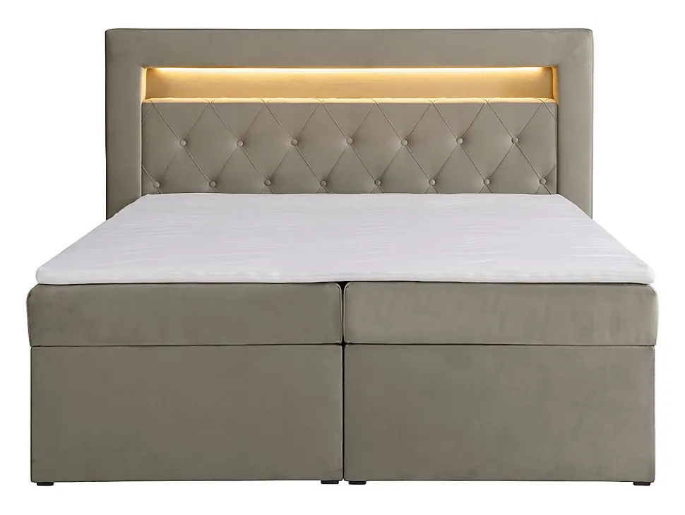 Ensemble complet literie déco tête de lit avec led + sommiers coffre + matelas + surmatelas - 180 x 200 cm - Velours - Taupe -