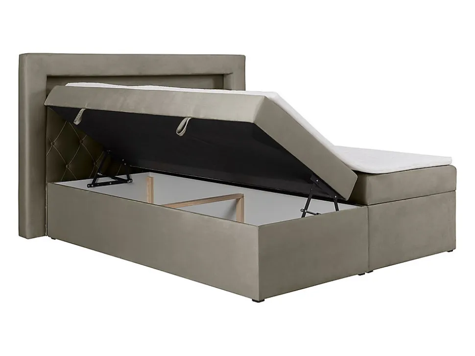 Ensemble complet literie déco tête de lit avec led + sommiers coffre + matelas + surmatelas - 180 x 200 cm - Velours - Taupe -