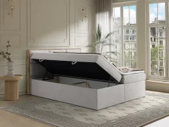 Ensemble complet literie déco tête de lit encadré bois + sommiers coffre + matelas + surmatelas - 180 x 200 cm - Tissu - Gris