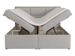 Ensemble complet literie déco tête de lit encadré bois + sommiers coffre + matelas + surmatelas - 180 x 200 cm - Tissu - Gris