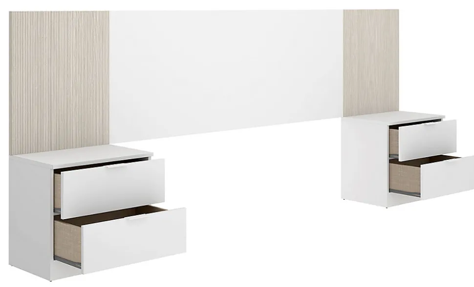 Ensemble de Tête de lit avec 2 tables de chevet de 2 tiroirs coloris imitation lamelles, blanc