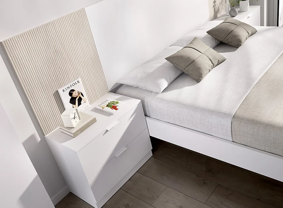 Ensemble de Tête de lit avec 2 tables de chevet de 2 tiroirs coloris imitation lamelles, blanc