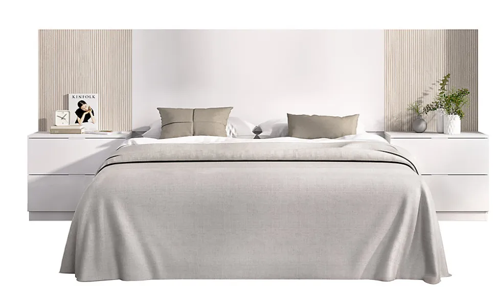 Ensemble de Tête de lit avec 2 tables de chevet de 2 tiroirs coloris imitation lamelles, blanc