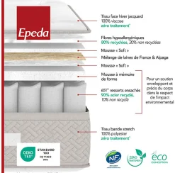 Ensemble Epeda L'ESCAPADE + Sommier Confort Medium + Pieds 200x200 Gris souris Ressorts et mousse à mémoire de forme