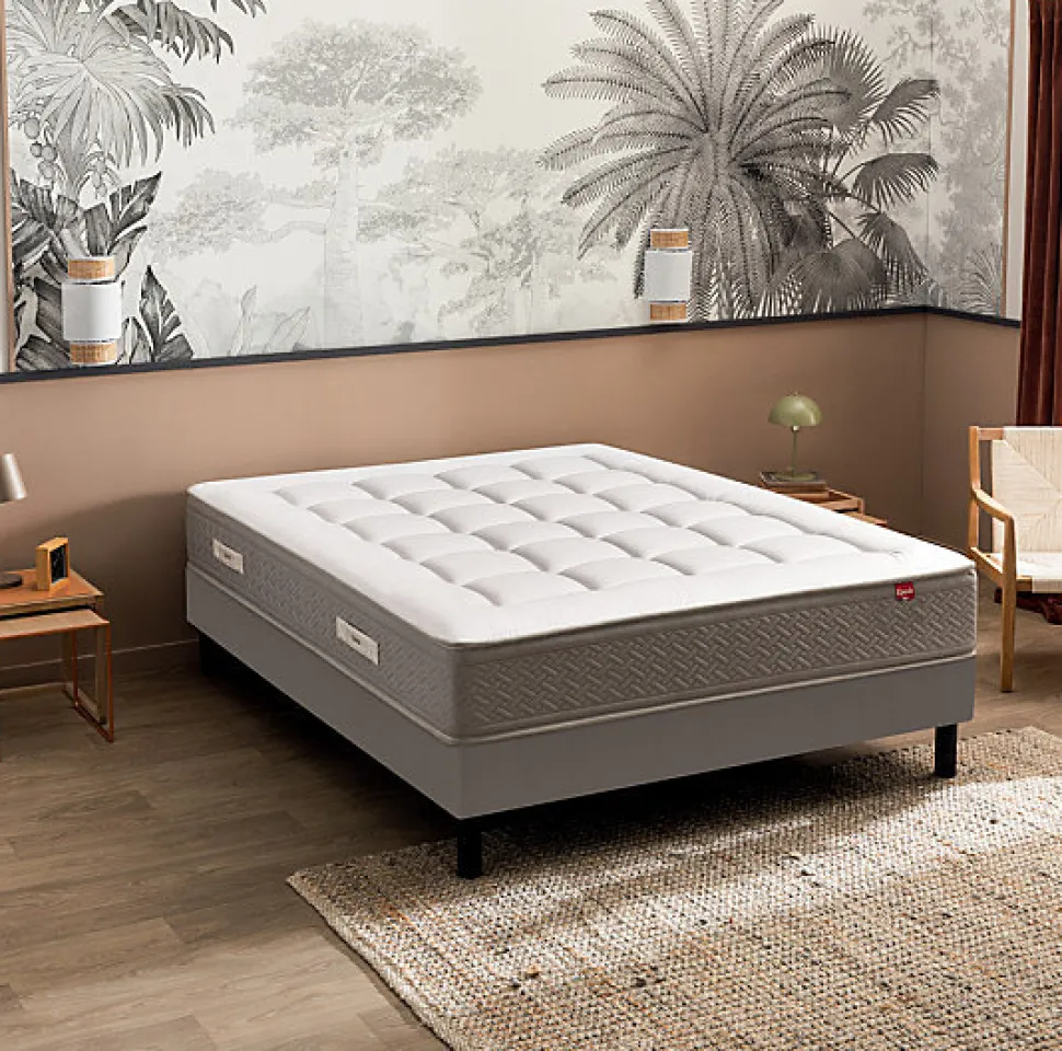Ensemble Epeda LE MAJESTUEUX + Sommier Confort Medium + Pieds 200x200 Gris souris Ressorts