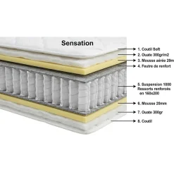 Ensemble Essenzia SENSATION EXTRA FERME 1000 + Sommier Graphic 13 cm + Pieds 160x190 Gris clair Ressorts