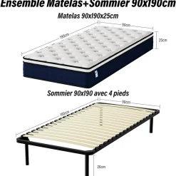 Ensemble Matelas à ressorts +Sommier à Lattes sur Pieds, 90x190cm, Epaisseur du Matelas 25cm