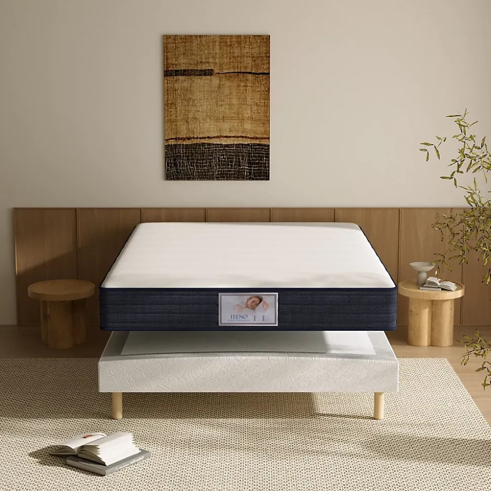 Ensemble Matelas à ressorts+ Lit Sommier Tapissier Déco 140x190cm, Epaisseur du Matelas 22cm