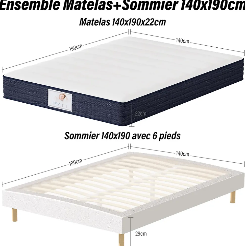 Ensemble Matelas à ressorts+ Lit Sommier Tapissier Déco 140x190cm, Epaisseur du Matelas 22cm
