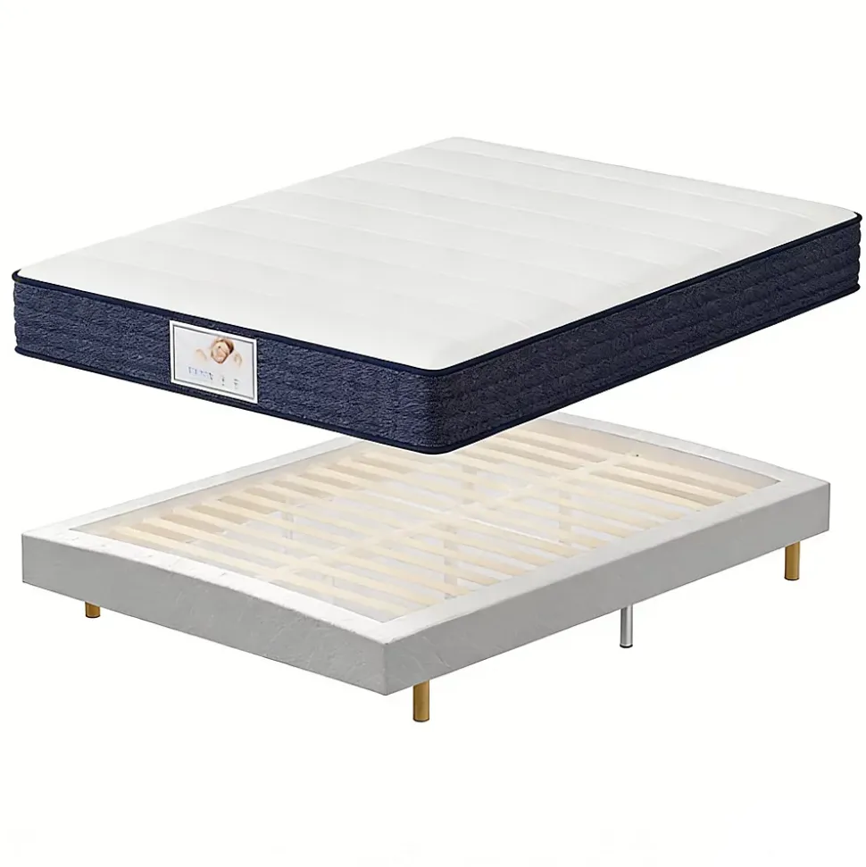 Ensemble Matelas à ressorts+ Lit Sommier Tapissier Déco 140x190cm, Epaisseur du Matelas 22cm