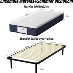 Ensemble Matelas à ressorts +Sommier à Lattes sur Pieds, 90x190cm, Epaisseur du Matelas 22cm
