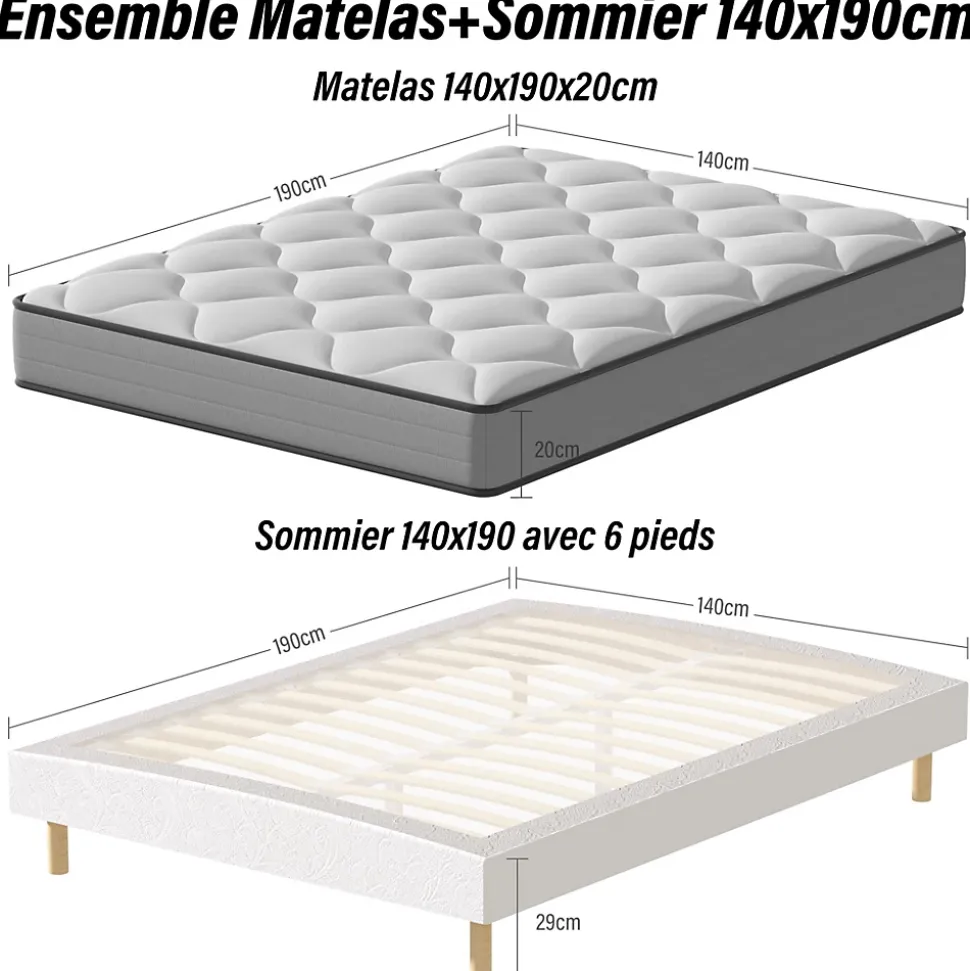 Ensemble Matelas à ressorts+ Lit Sommier Tapissier Déco 140x190cm, Epaisseur du Matelas 20cm