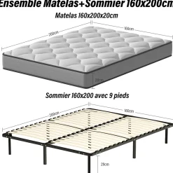 Ensemble Matelas à ressorts +Sommier à Lattes sur Pieds, 160x200cm, Epaisseur du Matelas 20cm