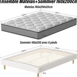 Ensemble Matelas à ressorts+ Lit Sommier Tapissier Déco 160x200cm, Epaisseur du Matelas 20cm