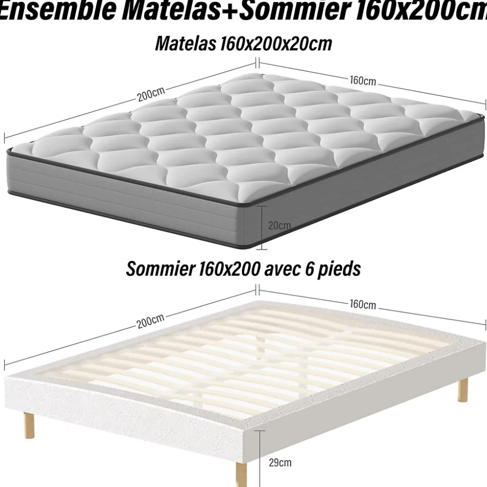 Ensemble Matelas à ressorts+ Lit Sommier Tapissier Déco 160x200cm, Epaisseur du Matelas 20cm