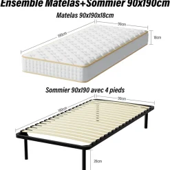 Ensemble Matelas en mousse + Sommier à Lattes 90x190cm, Epaisseur du Matelas 18 cm