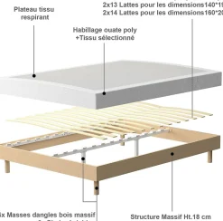 Ensemble 160x200 cm Matelas en Mousse+ Lit Sommier Tapissier Déco, Epaisseur du Matelas 22cm