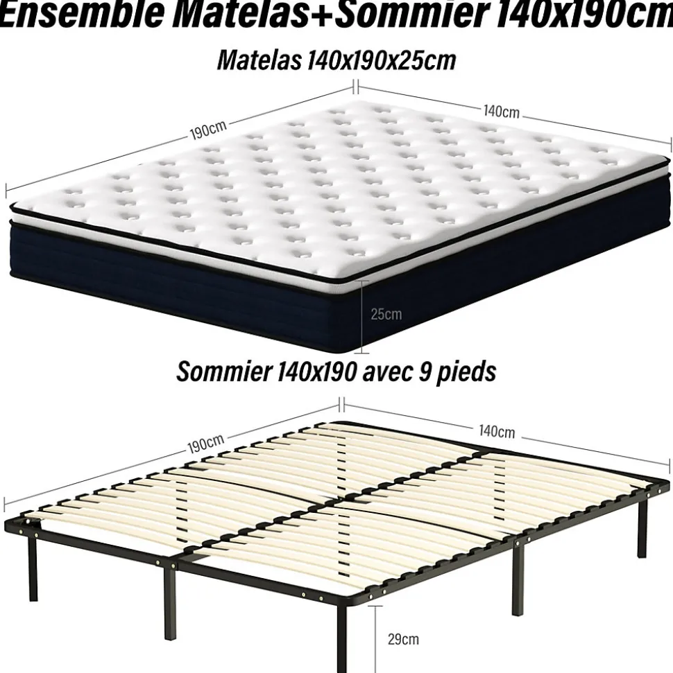 Ensemble 140x190cm Matelas à ressorts +Sommier à Lattes sur Pieds, Epaisseur du Matelas 25cm