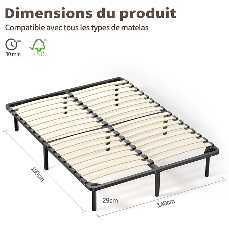 Ensemble 140x190cm Matelas à ressorts +Sommier à Lattes sur Pieds, Epaisseur du Matelas 25cm