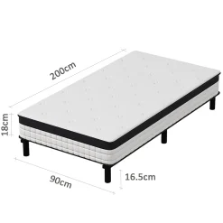 Ensemble 90x200cm matelas-châssis, matelas à ressorts ensachés et haute résilience + cadre de lit en fer robuste, comprenant 6