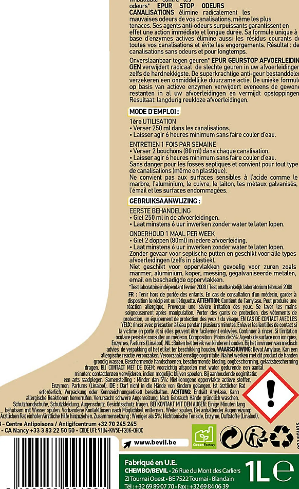 Entretien bio-gel stop odeurs canalisations Epur 1L