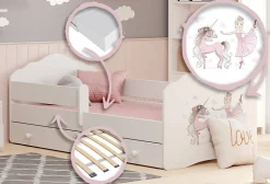 FALA lit enfant avec tiroir et barre 140x70 Fille avec licorne