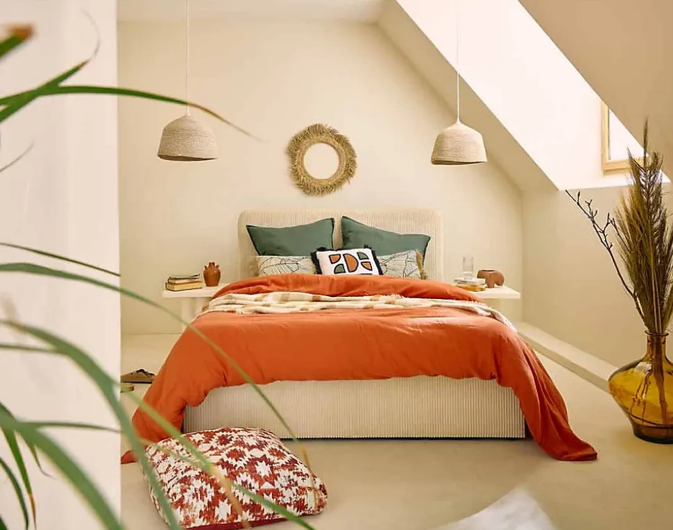 Goyave - lit coffre - 140x190 - en velours côtelé - sommier inclus - Best Mobilier