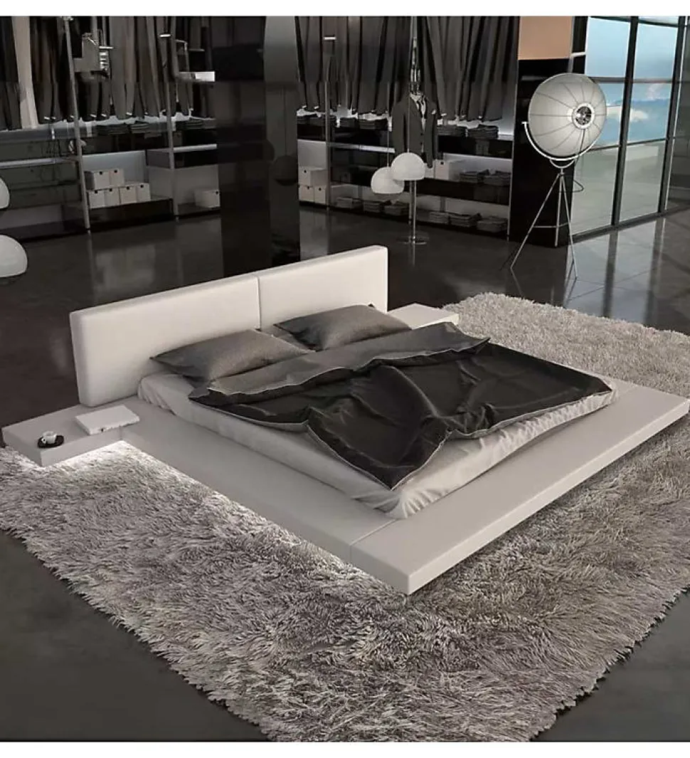 Grand Lit plateforme king size blanc 180 x 200 XXL tables de chevets