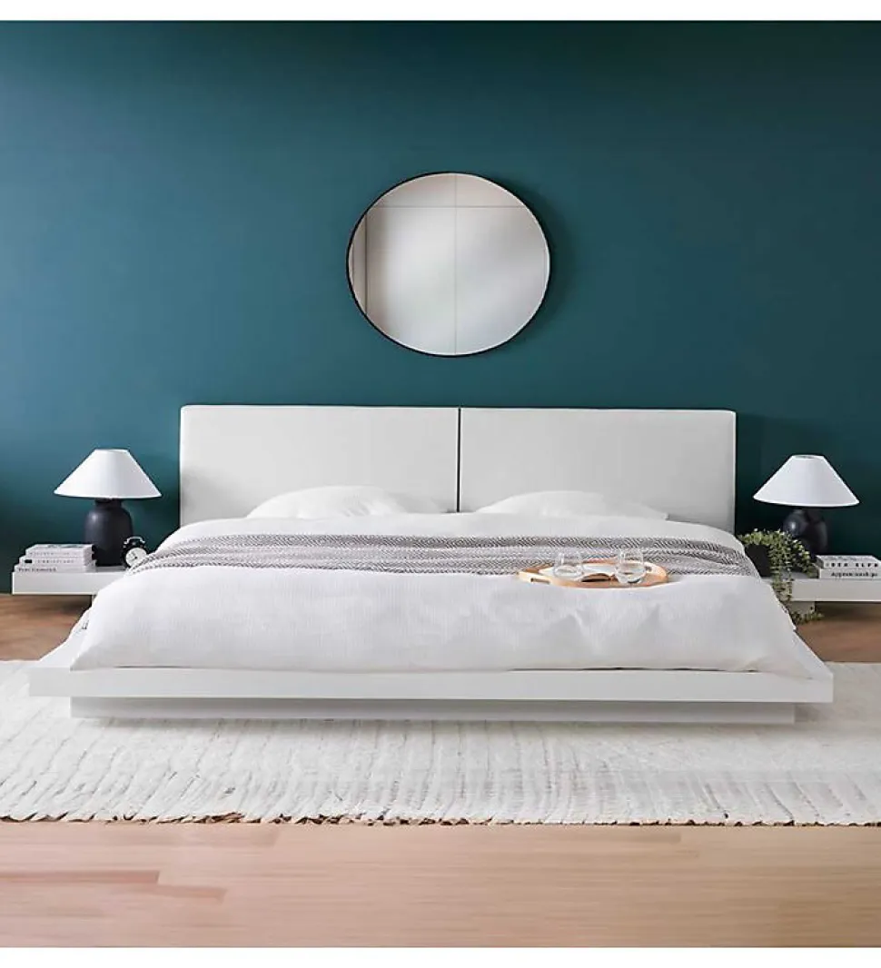 Grand Lit plateforme king size blanc 180 x 200 XXL tables de chevets