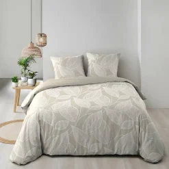 Housse de couette 240 x 220 cm coton 57 fils imprimé feuillage AMANDA Naturel + 2 taies