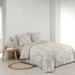 Housse de couette 240 x 220 cm coton 57 fils imprimé feuillage AMANDA Naturel + 2 taies