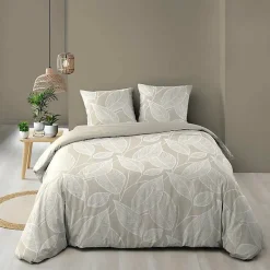 Housse de couette 240 x 220 cm coton 57 fils imprimé feuillage AMANDA Naturel + 2 taies