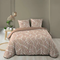 Housse de couette 240 x 220 cm imprimée 57 fils MORGANE Mocha 2 taies incluses
