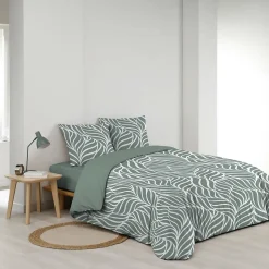 Housse de couette 240 x 220 cm imprimée 57 fils MORGANE Sauge 2 taies incluses