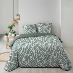 Housse de couette 240 x 220 cm imprimée 57 fils MORGANE Sauge 2 taies incluses