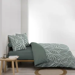 Housse de couette 240 x 220 cm imprimée 57 fils MORGANE Sauge 2 taies incluses