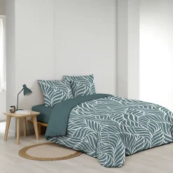 Housse de couette 240 x 220 cm imprimée 57 fils MORGANE Bleu 2 taies incluses