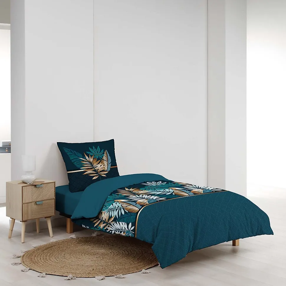 Housse de couette 140 x 200 cm en coton Alianor Bleu Imprimé tropical chic