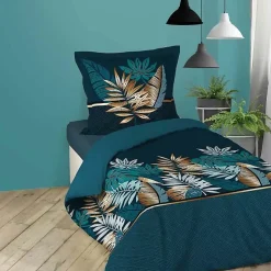 Housse de couette 140 x 200 cm en coton Alianor Bleu Imprimé tropical chic
