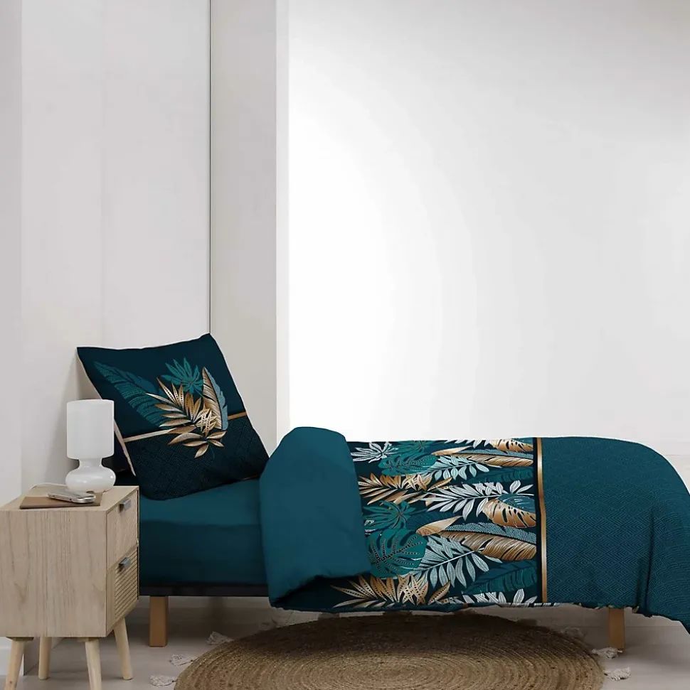 Housse de couette 140 x 200 cm en coton Alianor Bleu Imprimé tropical chic