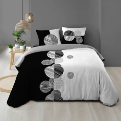 Housse de Couette 240 x 220 cm + 2 Taies 100 % Coton 57 Fils Stormi Noir & Blanc