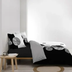 Housse de Couette 240 x 220 cm + 2 Taies 100 % Coton 57 Fils Stormi Noir & Blanc