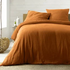 Housse de couette 240 x 220 cm + 2 taies Gaze de coton uni Angelia Caramel