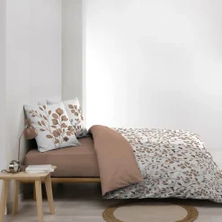 Housse de couette 240 x 220 cm coton 57 fils MAIWEN Mocha + 2 taies Motif végétal